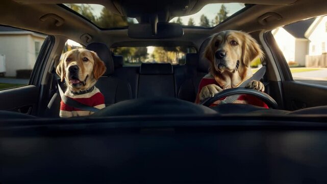 Two golden retrievers, dressed in matching outfits, take a humorous approach to driving. They steer through a sunny neighborhood, enjoying their family adventure.