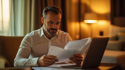Candid of an executive reviewing a business deal, mid-range shot, in a stylish hotel suite, using depth of field, with warm golden tones