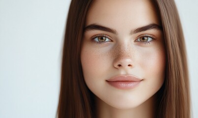 Fototapeta premium Brunette woman shows natural beauty. Neutral background for beauty product ad use