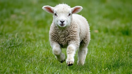 Fototapeta premium Lamb running in a grassy field