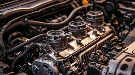 Fototapeta premium Fitting Newly Machined Pistons Into Engine Cylinder Head Assembly