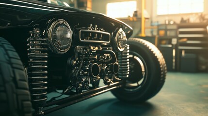 Vintage Car Engine and Gearbox in Classic Automobile Workshop