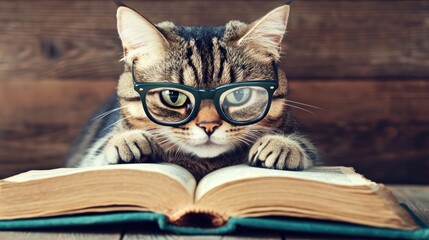 Studious cat reading book on wooden table