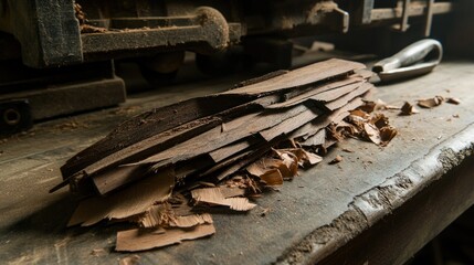 Wooden planks, workshop shavings, workbench