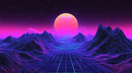 Vibrant retro-futuristic landscape featuring a large sun setting over stylized mountains