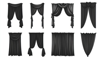 Black curtain styles; design options; interior decor; white background; website use