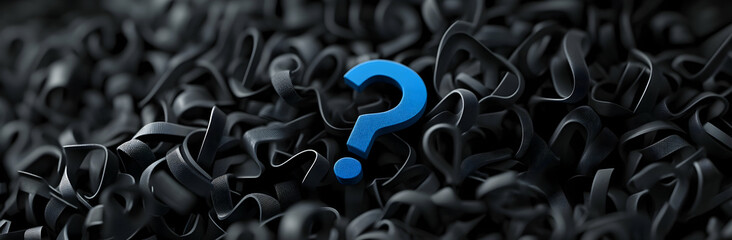 Black Background Featuring Abstract Curved Shapes and a Bold Blue Question Mark Symbolizing Mystery and Inquiry in a Dark and Contemporary Environment