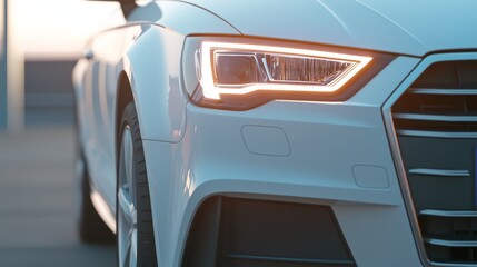 Fototapeta premium Modern Car Headlight with Halogen Design Illuminating at Sunset