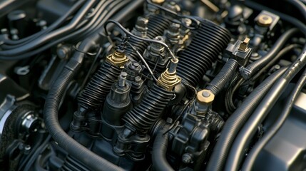 Fototapeta premium Bright New Spark Plug Wires Snapped in Engine Bay Close-Up