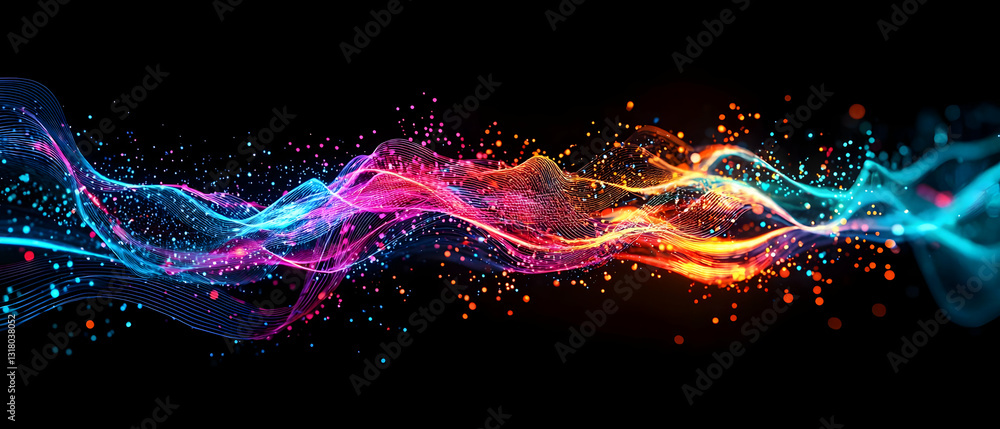Poster vivid particles flowing across a black background in an abstract digital art depiction of dynamic en