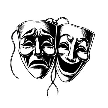 theater masks symbol sad and joyful sketch engraving PNG illustration. T-shirt apparel print design. Scratch board imitation. Black and white hand drawn image.