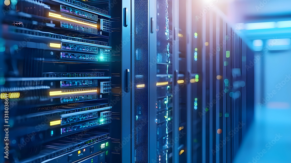 Poster blue lit server racks in a data center illustrating technology and information processing