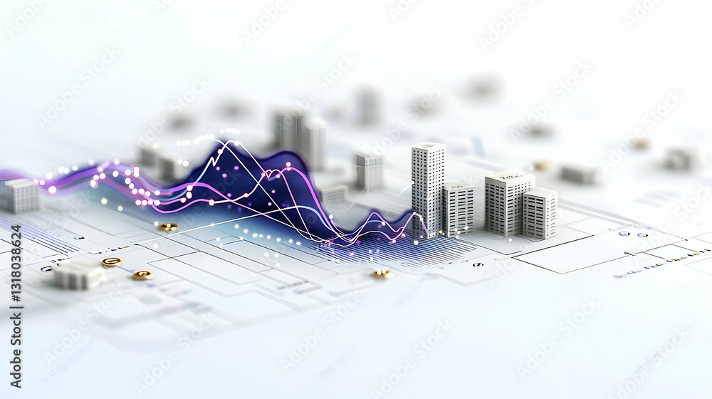 Poster abstract 3d data visualization of purple lines and city buildings on white circuit board backdrop