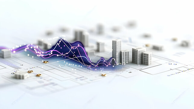 Abstract 3D Data Visualization Of Purple Lines And City Buildings On White Circuit Board Backdrop