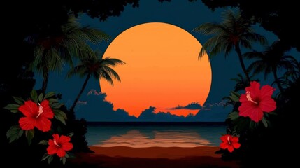 Obraz premium Tropical Sunset Beach Scene Palm Trees Hibiscus Ocean AI Art