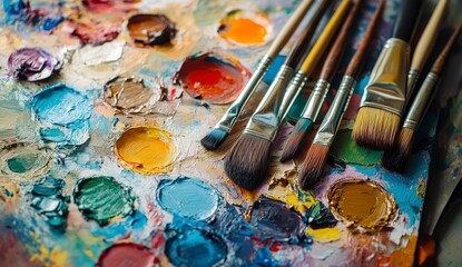Fototapeta premium Close Up Colorful Paint Palette with Paintbrushes
