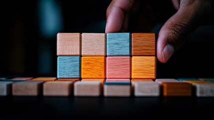 Fototapeta premium Hand Arranging Colorful Wooden Blocks Strategy Game Close Up