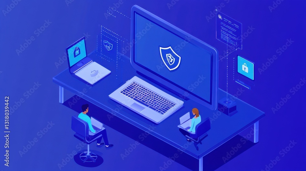 Poster two professionals working on cybersecurity tasks at a modern desk with digital security elements
