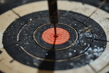 Close Up of Dart Striking Bullseye on Worn Dartboard