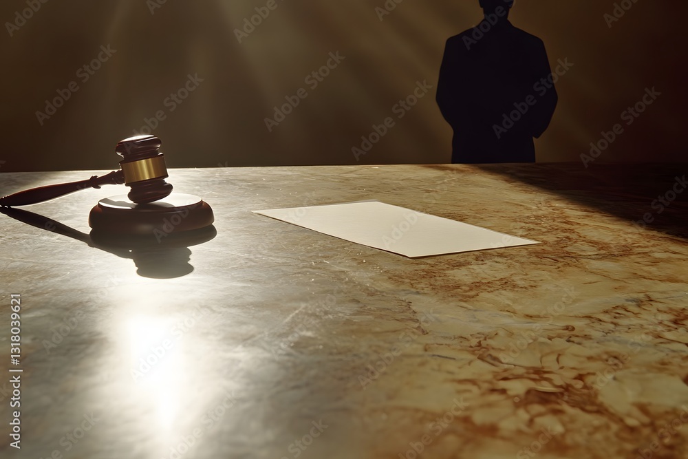 Poster a single legal contract placed on a marble desk with a shadowed, blurred figure of a judge standing,