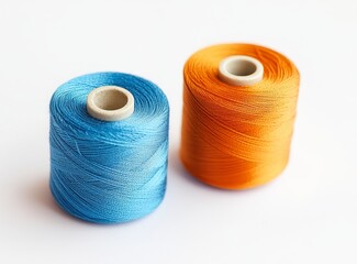Close up of Two Spools of Thread Light Blue and Orange on White Background