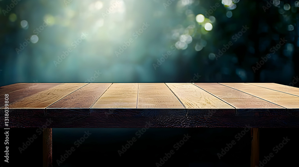 Poster wooden table top surface illuminated by sunlight in a nature background with green bokeh and dark sh