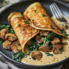 Savory crepes with sautéed mushrooms and spinach in a creamy sauce