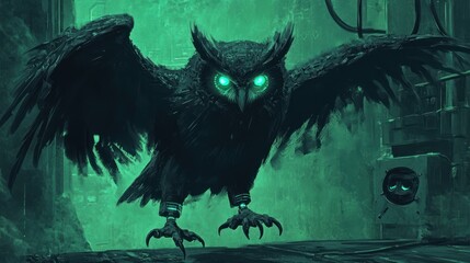 Mechanical Owl in Cyberpunk Alley