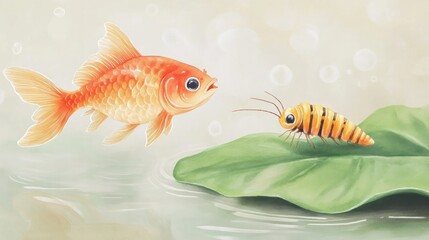 Fototapeta premium Goldfish and insect on pond leaf