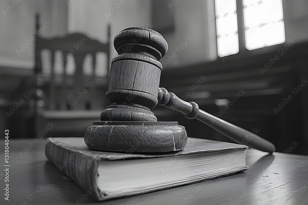 Poster a high-resolution close-up of an aged, cracked gavel resting on a law book, with a blurred judge’s c