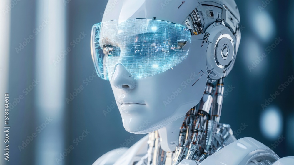 Poster futuristic robot with augmented reality visor in modern workspace