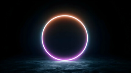 Fototapeta premium Glowing Neon Circle Illuminated In Dark Empty Space With Textured Floor Creating A Futuristic Backdrop With Purple And Orange Gradient Ideal For