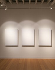 a modern art gallery with three blank canvases mounted on a wall, illuminated by overhead lighting creating distinct shadows.