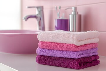 A fresh stack of clean fluffy towels neatly arranged in a bathroom symbolizing comfort care and cleanliness in the home