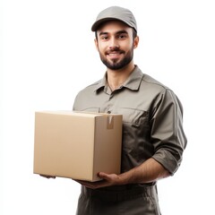 Delivery man carrying cardboard boxes while working