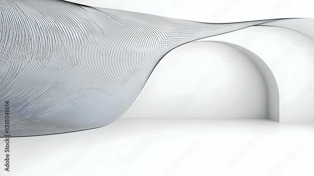 Poster flowing abstract 3d rendered black and white patterned structure with arches on white background