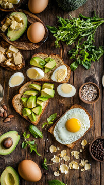 Avocado toast with egg, herbs, and almonds on rustic wood