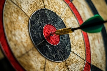 Gold Arrow Striking Bullseye on Weathered Dartboard