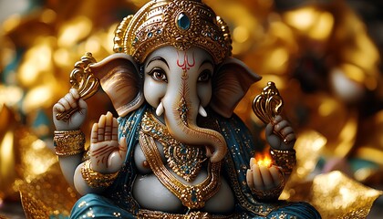 Fototapeta premium Ornate Ganesha Statue, Golden Background