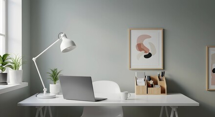 Minimalist home office with a modern laptop, cozy lighting, cup of coffee, and inspiring workspace decor, productivity concept
