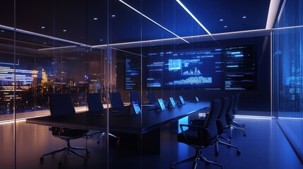 Modern high tech conference room with city view and illuminated data displays