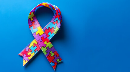 A colorful autism awareness ribbon with puzzle piece patterns on a bright blue background