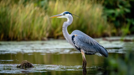 Fototapeta premium Elegant great blue heron standing gracefully in shallow water habitat scenery