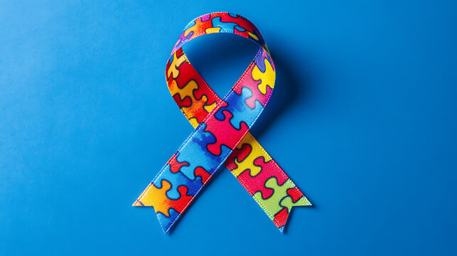 A colorful autism awareness ribbon with puzzle piece patterns on a bright blue background 
