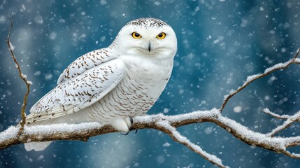 Snowy Owl Perched on Branch in Winter Snowstorm (3)