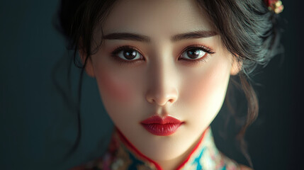 Fototapeta premium A beautiful Chinese woman, wearing a cheongsam, generative AI