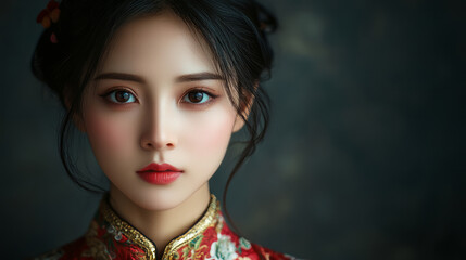 Naklejka premium A beautiful Chinese woman, wearing a cheongsam, generative AI