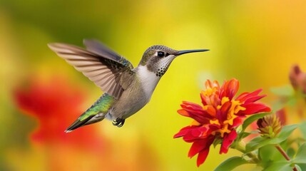 Fototapeta premium Hummingbird gracefully hovers near a vibrant zinnia in colorful ambiance