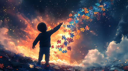 A hopeful digital artwork showing an autistic child reaching for the stars with a puzzle trail behind 