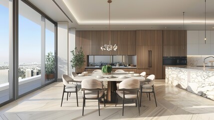 Fototapeta premium A modern and stylish dining area seamlessly integrated with a minimalist kitchen design, showcasing a contemporary aesthetic. This scene is a 3D rendering that highlights the clean lines and simple 